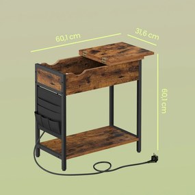 Mesa de apoio, mesa de cabeçeira 60 x 31,5 x 60 cm com tomadas e portas USB castanho-preto
