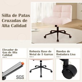 Cadeira escritório ajustável em altura com pernas cruzadas giratória estofada em veludo falso com 5 rodas rosa claro