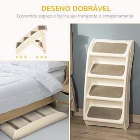 PawHut Escada Dobrável para Animais de Estimação de 4 Degraus para Cães Gatos Portátil com Tapetes Antiderrapantes para Cama Sofá Carga 20kg 67x38x49,5cm Bege