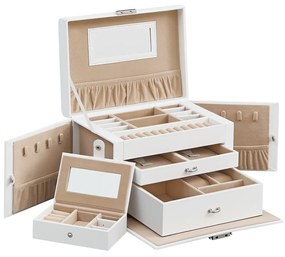 Caixa de joias SONGMICS, organizadora com 2 gavetas, estojo com fechadura e espelho, estojo de viagem portátil, para anéis, pulseiras, brincos, colares, forro de veludo, presente, branco JBC121W