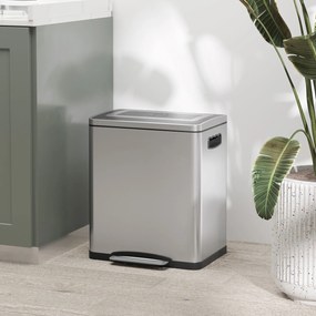 Caixote do lixo de cozinha com 2 compartimentos de 2 x 15 L, com pedal, em aço inoxidável, com tampa de fecho suave prateado