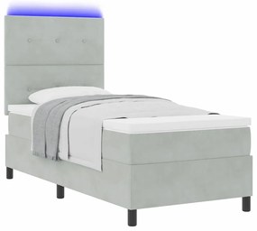 Cama Box com Colchão e Luz LED Cinza Claro 100x200 cm em Veludo