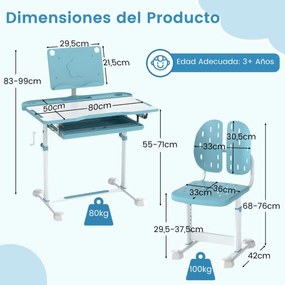 Conjunto de secretária e cadeira para crianças com altura ajustável, tampo inclinável, porta-copos, gaveta e cadeira ergonómica Azul