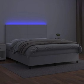 Cama box spring c/colchão/LED 180x200cm couro artificial branco