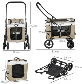 Carrinho para Animais de Estimação Carrinho para Cães Dobrável com Compartimento Desmontável 4 Portas 81x58x97,5 cm Cáqui