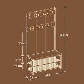 Movel entrada Hall com banco para sapatos em estilo industrial 100 x 40 x 184 cm (C x L x A) castanho vintage-preto
