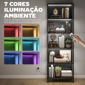 Estante de 5 Níveis com Luzes LED de 7 Cores Estante para Livros Estante de Estilo Industrial 60x30x179 cm Preto