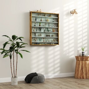 Vitrine para coleção, vitrine de parede, 80 x 9,5 x 83 cm, 6 prateleiras com altura ajustável, 2 portas de correr em vidro branco, castanho rústico