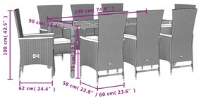 9 pcs conjunto de jantar p/ jardim c/ almofadões vime PE preto