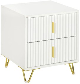 HOMCOM Mesa de Cabeceira com 2 Gavetas Mesa Auxiliar com Pés de Metal para Sala de Estar Dormitório 40x40x47 cm Branco e Dourado