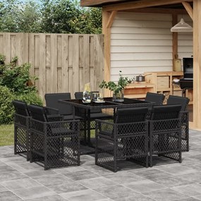 vidaXL 9 pcs conjunto de jantar p/ jardim c/ almofadões vime PE preto