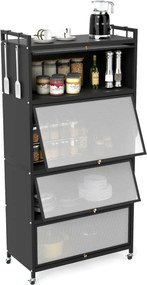 Armário de cozinha 80,5 x 40 x 162 cm de 5 níveis metálico com 4 portas batentes Prateleira com rodas para micro-ondas Preto