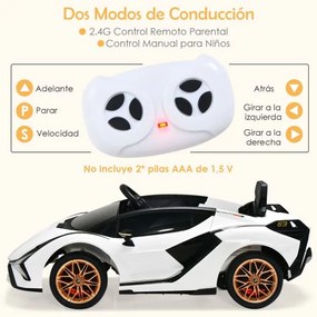 Carro elétrico para crianças bateria de 12 V Lamborghini com controlo remoto Luzes LED Música MP3 Buzina 108 x 64 x 41 cm Branco