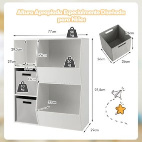 Estante infantil de 5 cubículos com 2 recipientes de tecido Estante de arrumação com compartimentos abertos para quarto de bebé Branco