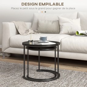 Conjunto de 2 mesas de centro redondas encaixáveis com tampos removíveis, estilo industrial, em aço, Ø 43 e Ø 35 cm, preto