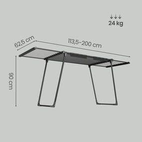 Estendal roupa 62,5 x (113,5-200) x 90 cm, secador de roupa de pé, braços extensíveis preto
