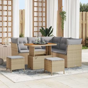 Conjunto de Sofás de Jardim de 8 Peças com Almofadas Bege Rattan Poliéster Acácia