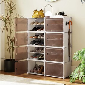 Armário para sapatos 95 x 32 x 126 cm com 8 compartimentos, prateleiras removíveis, ganchos laterais e portas magnéticas branco.