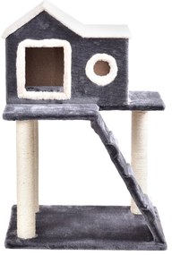Torre de madeira para gatos de 88 cm de altura com poste arranhador de sisal, tapete, bola pendurada e poleiro superior - cinza