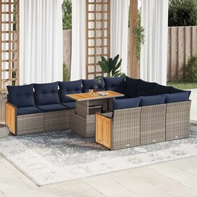 11 pcs conjunto sofás de jardim c/ almofadões vime PE/acácia