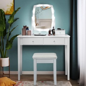 Conjunto de Toucador com Espelho Iluminado Giratório 360°, Mesa de Maquilhagem e Banco Acolchoado para Quarto Branco