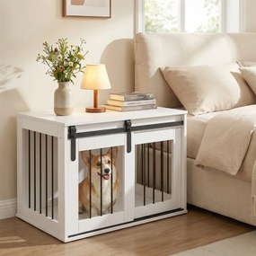 Gaiola para cães 80 x 54 x 57 cm com porta de correr, estilo celeiro, Estrutura metálica com acabamento em madeira, para cães de pequeno e médio porte