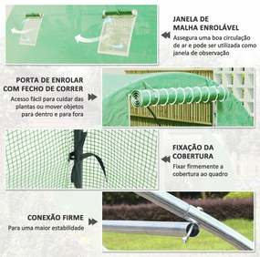 Estufa Tipo Túnel 3x3x2 m com Paredes Laterais Enroláveis 4 Janelas de Malha e Porta Enrolável com Fecho de Correr Verde