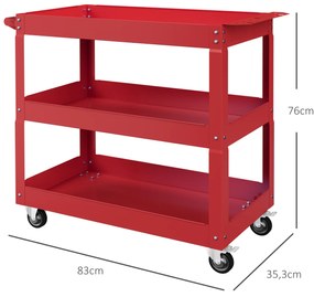 Carrinho de Ferramentas com Rodas 3 Prateleiras de Armazenamento e Alça Lateral 83x35,3x76 cm Vermelho