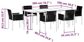 7 pcs conjunto jantar p/ jardim c/ almofadões vime PE/aço preto