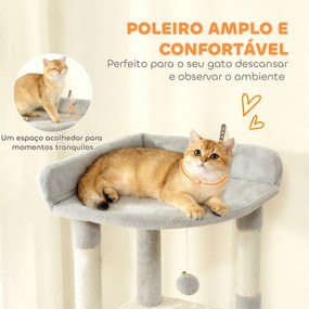 Arranhador para Gatos Grande com 7 Postes 1 Túnel 3 Plataformas 2 Cavernas 1 Rede 1 Poleiro 1 Rampa Pompons 60x40x170 cm Cinzento