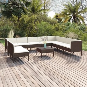 vidaXL 11 pcs conjunto lounge jardim c/ almofadões vime PE castanho