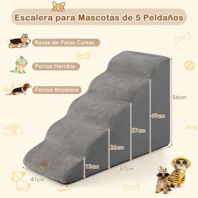 Rampa de espuma para cães Escada de 5 níveis para animais de estimação com cobertura lavável Base antiderrapante Cinzento