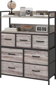 Cómoda com 7 gavetas em tecido, dobráveis e removíveis 79 x 29 x 101 cm, e prateleiras abertas, cinzenta