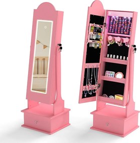 Armário para joias infantil 34 x 30 x 113 cm com espelho de corpo inteiro e 2 ângulos ajustáveis, 4 luzes internas, para meninas rosa