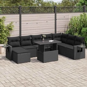 9 pcs conjunto de sofás p/ jardim c/ almofadões vime PE preto