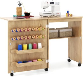 Mesa de Costura Dobrável Multifuncional Estante Compacta 2 Tabuleiros e 18 Pinos Armário de Costura com Porta e 5 Rodas Natural