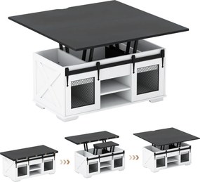 Mesa de centro 105 x 54 x 48,5 cm com tampo elevável estilo rústico, 2 portas deslizantes, 3 compartimentos ocultos, sala de estar, painel branco Pret