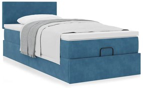 Estrutura cama otomana com colchão azul escuro 90x190cm veludo
