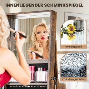 Armário para joias 43 x 38 x 159 cm giratório 360° com espelho de corpo inteiro prateleiras traseiras cor castanho vintage