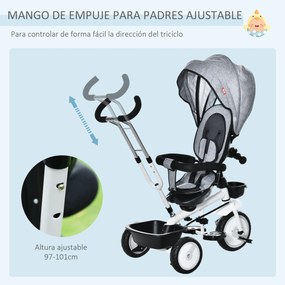 HOMCOM Triciclo para Bebé 2 em 1 Triciclo Evolutivo para Crianças de 1-5 Anos com Capô Dobrável Guiador Telescópico Grade de Proteção Removível e Apoio para os Pés 100x48x106cm Cinza