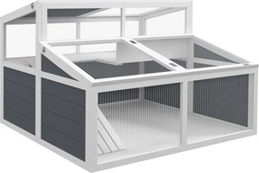 Recinto para pequenos animais com 2 compartimentos, teto em policarbonato, 3 portas e rampa – 115 x 115 x 82 cm – cinzento
