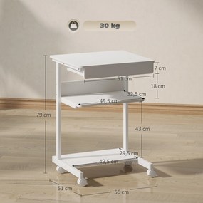 Secretária de computador com rodas, secretária com arrumação 56 x 51 cm com gaveta, compartimento e suporte para CPU, branca