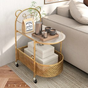 Mesa de centro de vidro móvel Mesa de apoio moderna de 2 níveis com padrão de urso Rodas de cesto de metal para sala de estar Dourada