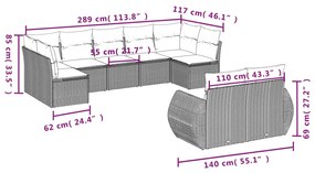 9 pcs conjunto sofás p/ jardim c/ almofadões vime PE castanho