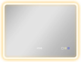 HOMCOM Espelho de Casa de Banho com Luz LED 80x60 cm Bluetooth 3 Cores de Luz Relógio Digital Função Antiembaciamento Função de Memória Prata | Aosom Portugal