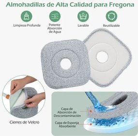 Conjunto de esfregona giratória com balde Sistema de separação de água limpa e suja Cabeça quadrada Autoescorregável Profunda 360° Cor verde