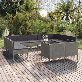 vidaXL 12 pcs conjunto lounge de jardim c/ almofadões vime PE cinzento