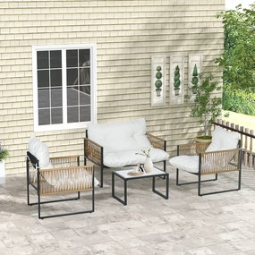 Conjunto de Jardim Exterior em Rattan Sintético com 2 Poltronas 1 Sofá de 2 Lugares 1 Mesa de Centro e Almofadas Creme