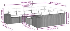 11 pcs conjunto sofás de jardim c/ almofadões vime PE cinzento