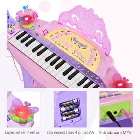 Piano Eléctrico Infantil 32 Teclas Piano Infantil com Microfone Banquinho Luzes Ritmos Sons MP3 Karaoke  Rosa